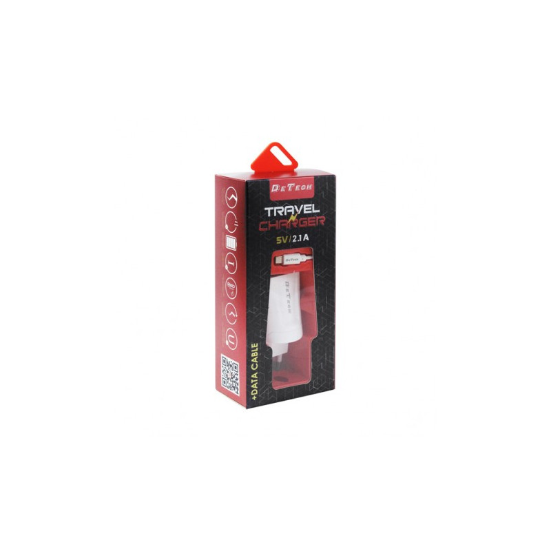 Ταχυφορτιστής Οικιακός DE-01C 5V/2.1A 220V Universal 2 x USB καλώδιο Type-C 1m λευκό 14121 DeTech