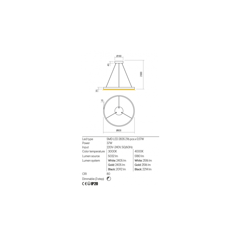 ΚΡΕΜΑΣΤΟ ΦΩΤΙΣΤΙΚΟ LED 37W 3000K (ΘΕΡΜΟ ΦΩΣ) 2405lm 3 STEP DIMMING SAND WHITE FEBE 01-2863 REDO