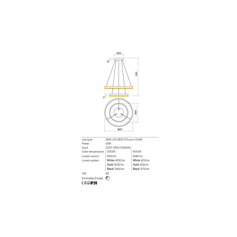 ΚΡΕΜΑΣΤΟ ΦΩΤΙΣΤΙΚΟ LED 62W 3000K (ΘΕΡΜΟ ΦΩΣ) 4030lm 3 STEP DIMMING SAND WHITE FEBE 01-2887 REDO