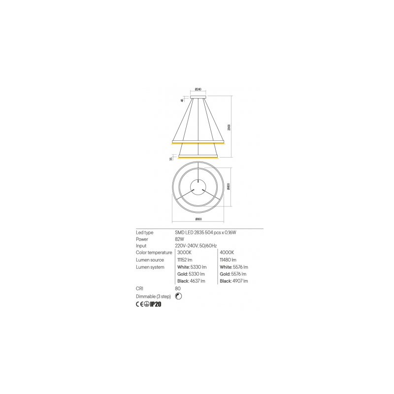 ΚΡΕΜΑΣΤΟ ΦΩΤΙΣΤΙΚΟ LED 82W 3000K (ΘΕΡΜΟ ΦΩΣ) 5330lm 3 STEP DIMMING SAND WHITE FEBE 01-2893 REDO