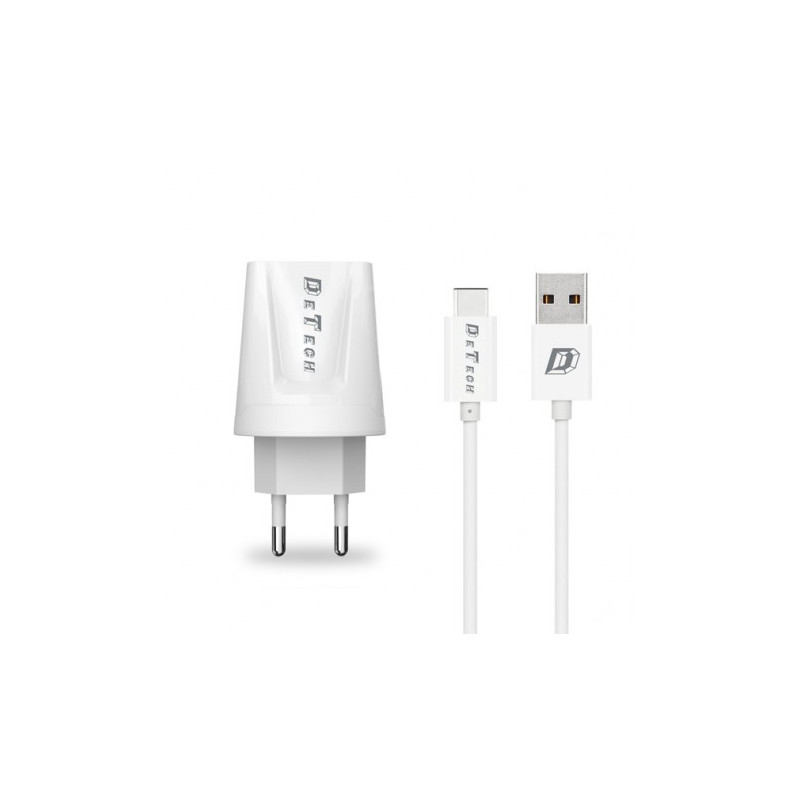 Ταχυφορτιστής Οικιακός DE-01C 5V/2.1A 220V Universal 2 x USB καλώδιο Type-C 1m λευκό 14121 DeTech