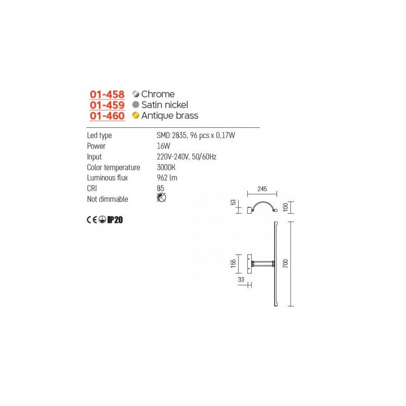 ΑΠΛΙΚΑ ΤΟΙΧΟΥ LED 16,4W 3000K (ΘΕΡΜΟ ΦΩΣ) 1394lm CHROME IKON 01-458 REDO